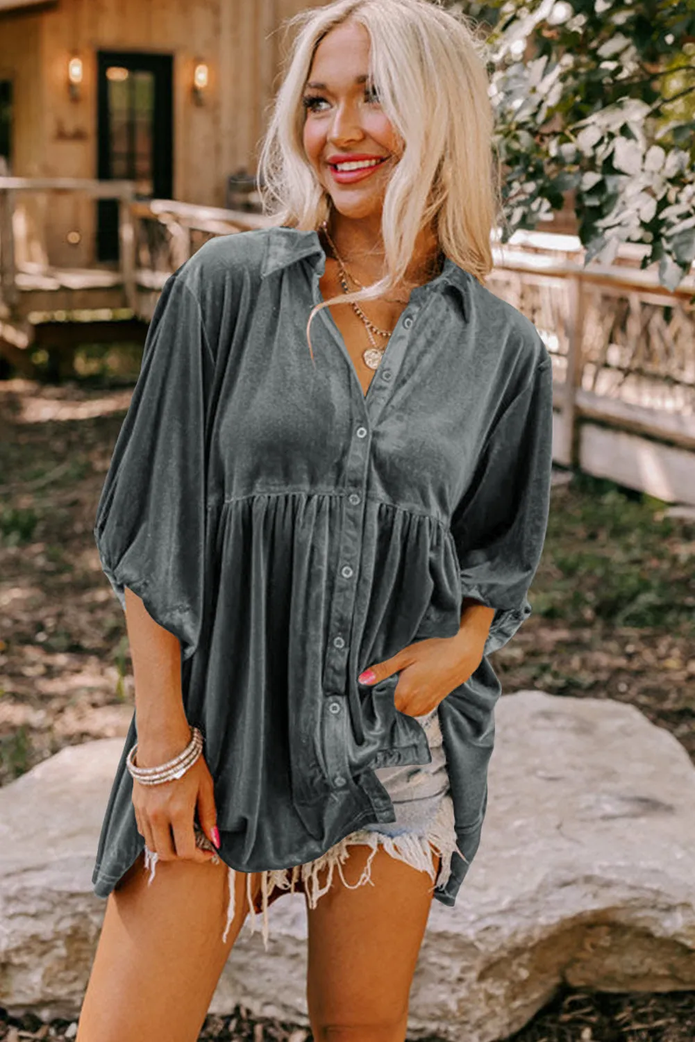 3/4 Sleeve Tunic Babydoll Velvet Shirt