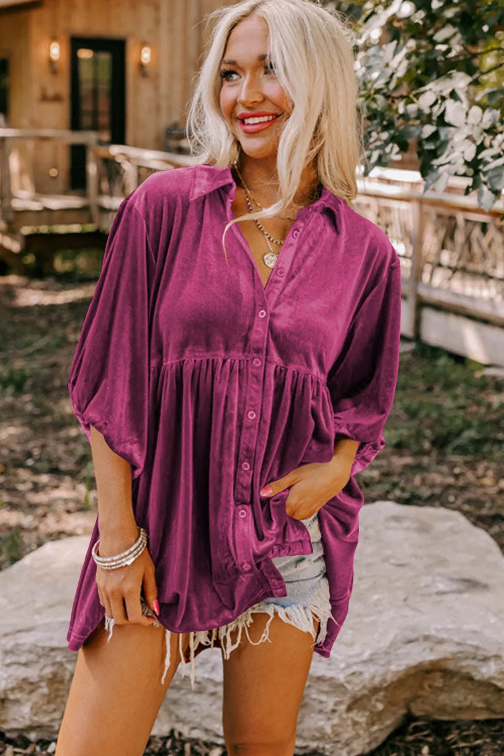 3/4 Sleeve Tunic Babydoll Velvet Shirt