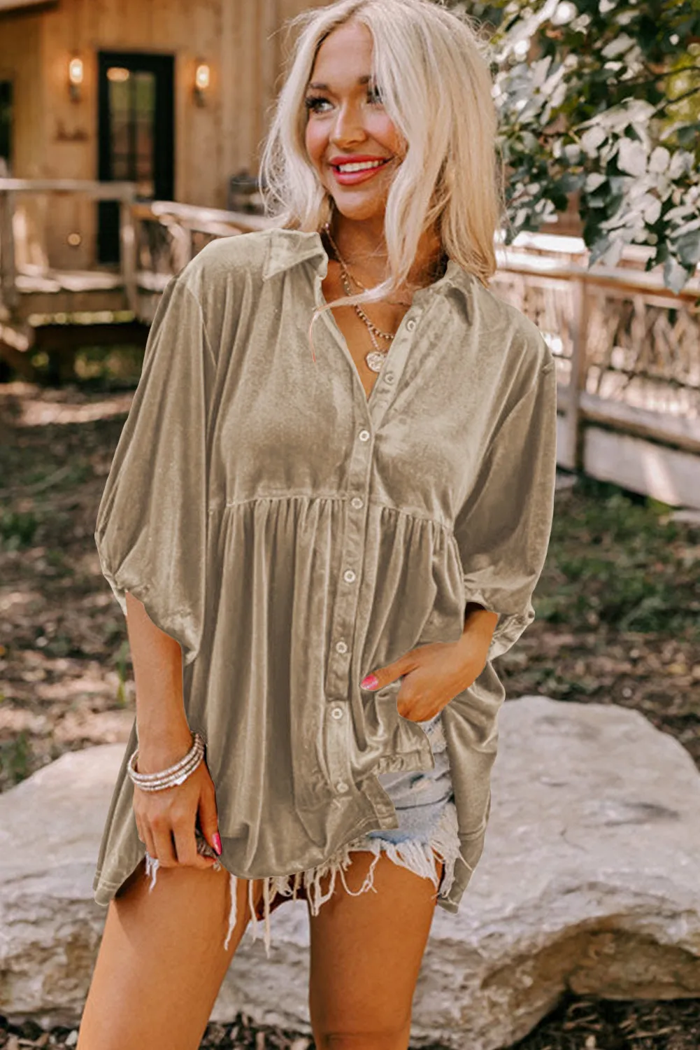 3/4 Sleeve Tunic Babydoll Velvet Shirt