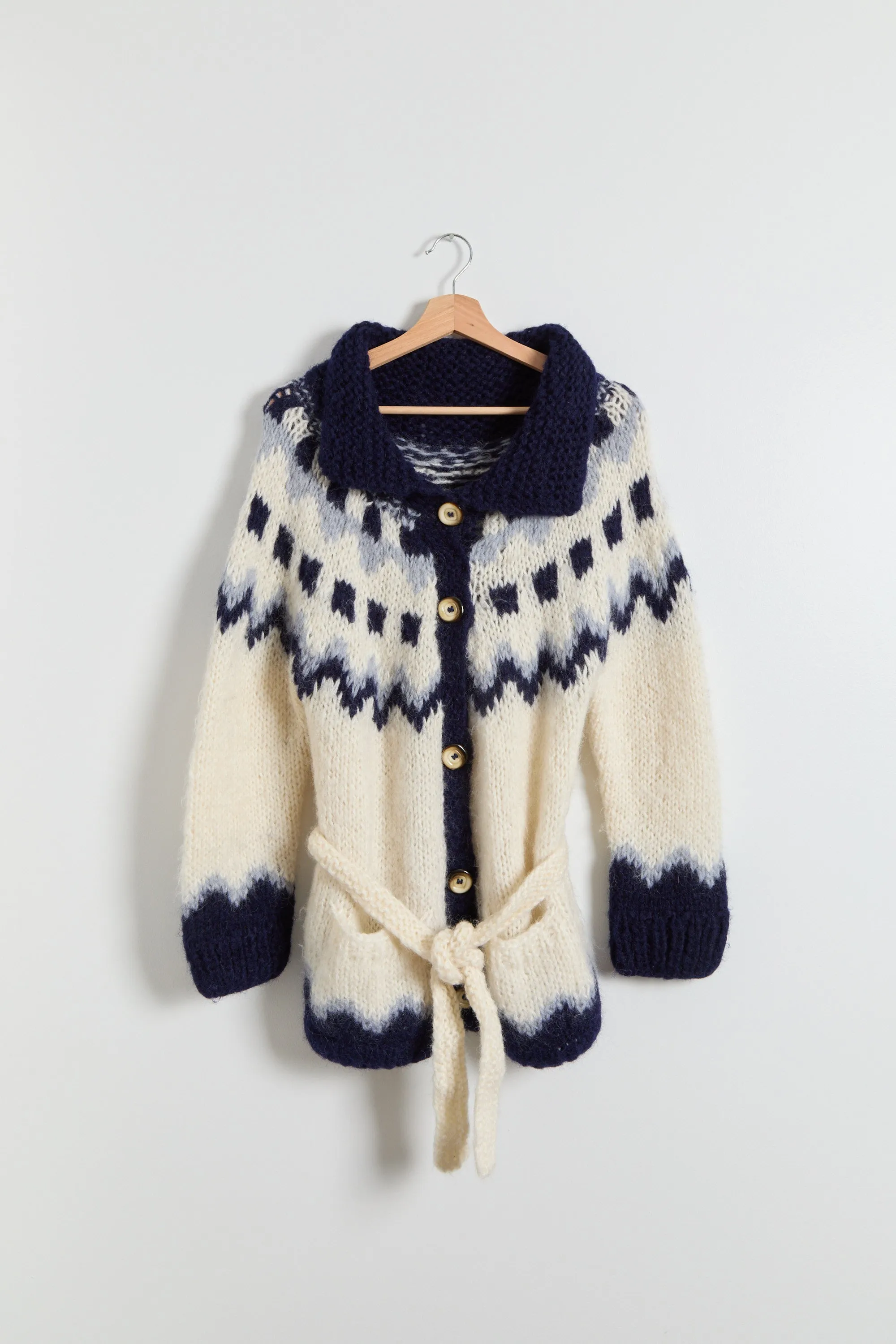 70s Cream Navy Chunky Nordic Cardigan M