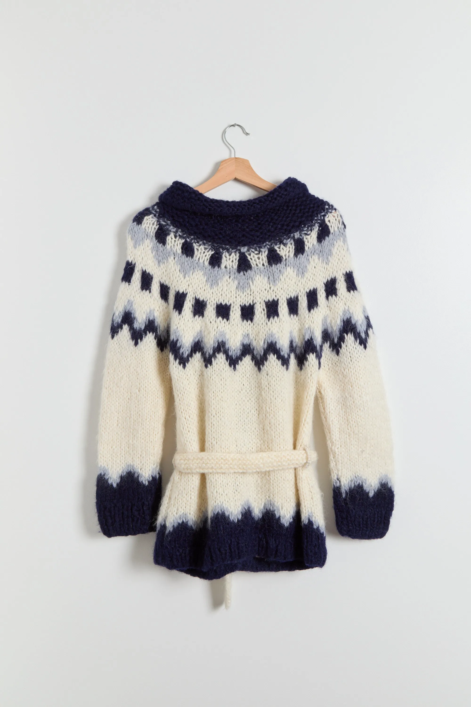 70s Cream Navy Chunky Nordic Cardigan M