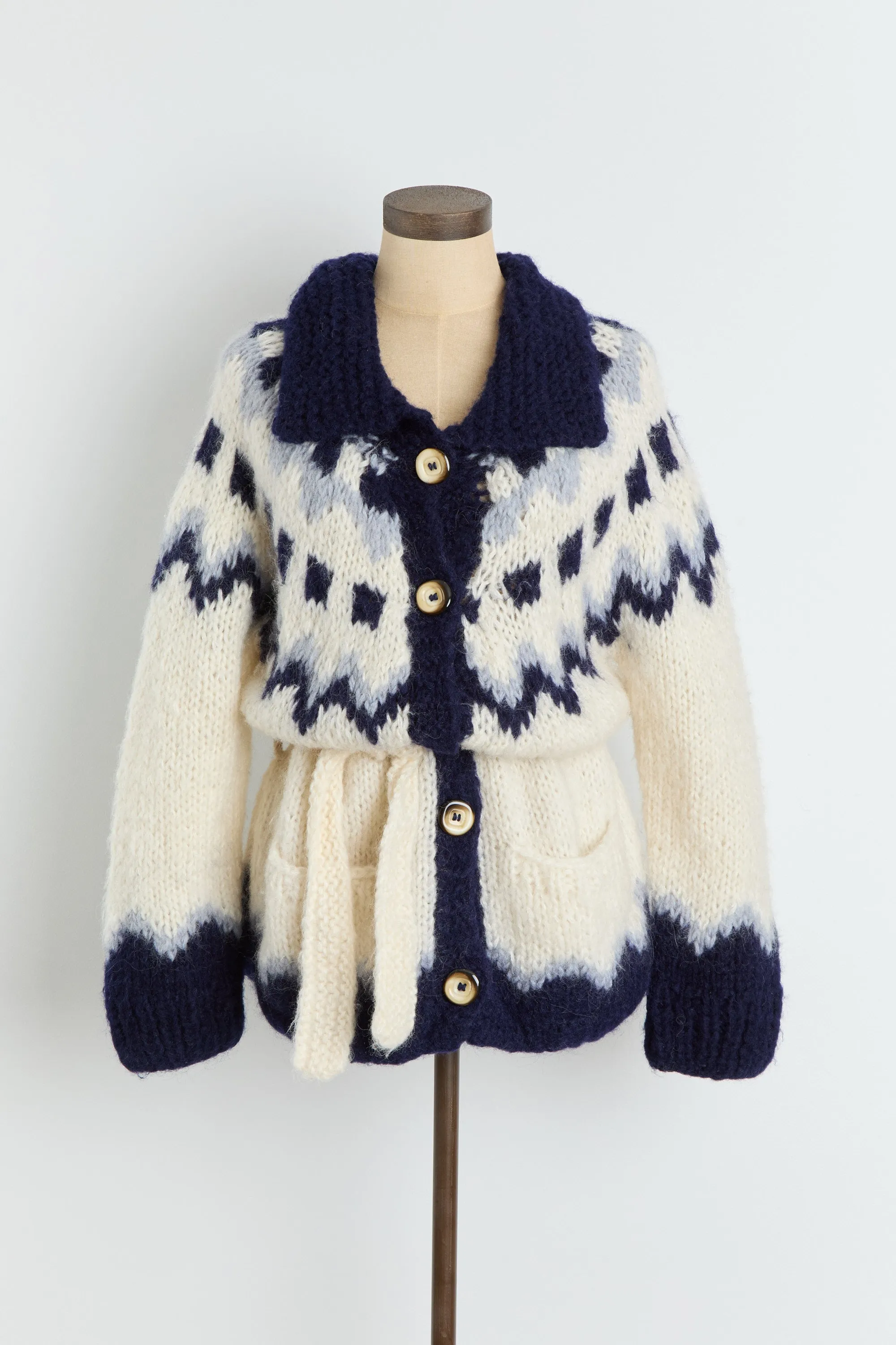 70s Cream Navy Chunky Nordic Cardigan M