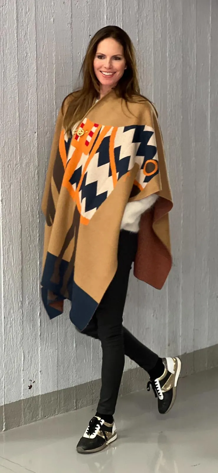 ADAMSBRO CASHMERE LONG PONCHO ZIG ZAG