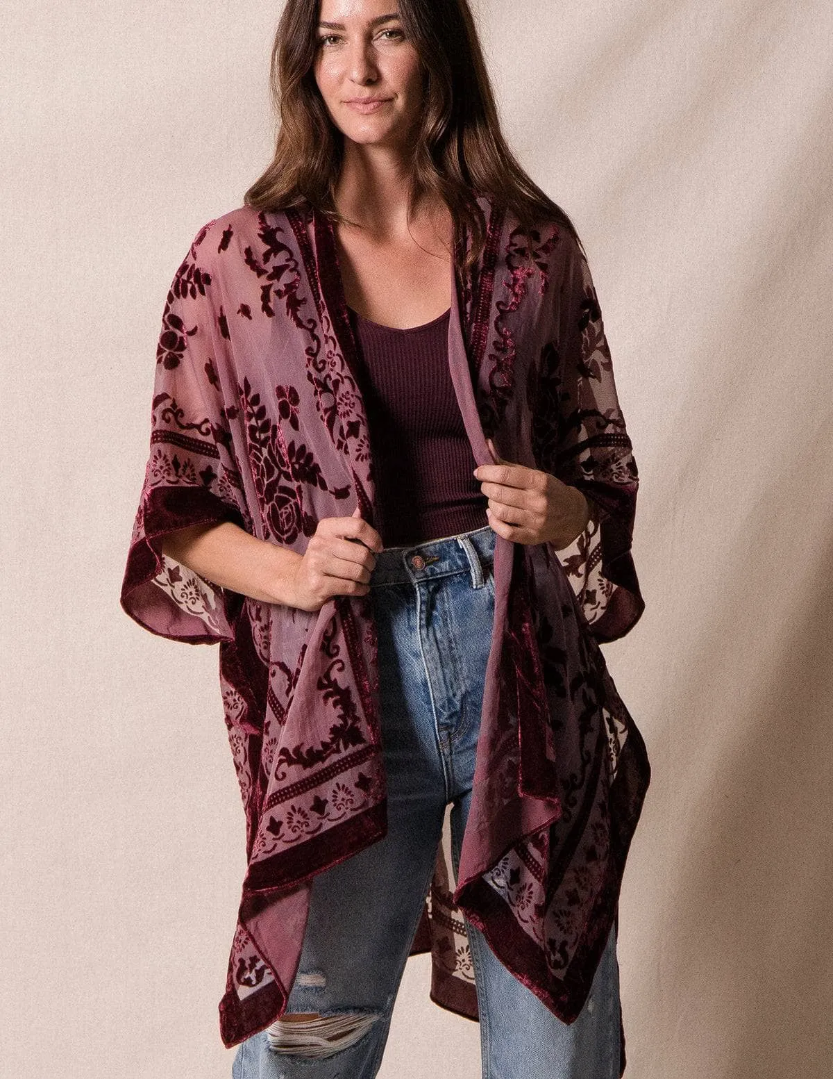 Ariana Velvet Kimono Wrap - Burgundy