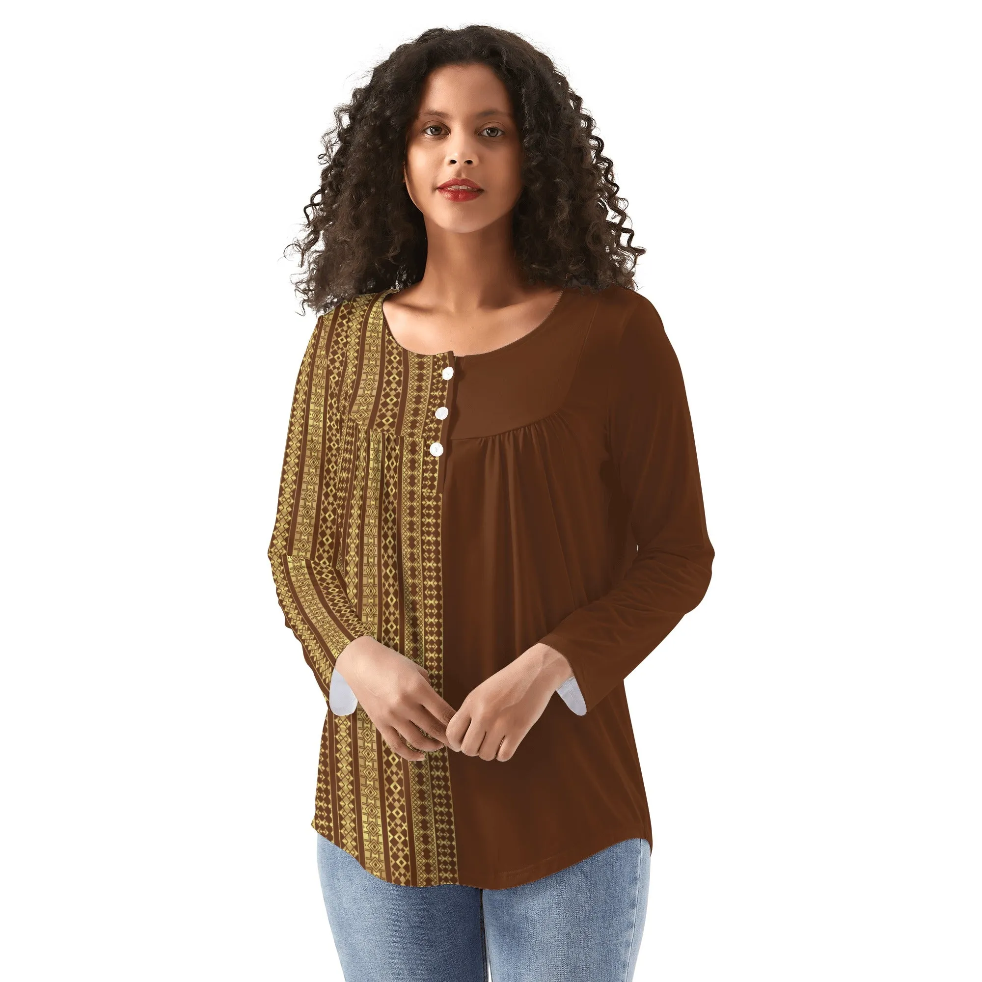 Babydoll Pattern Velvet Brown Casual Neck Top