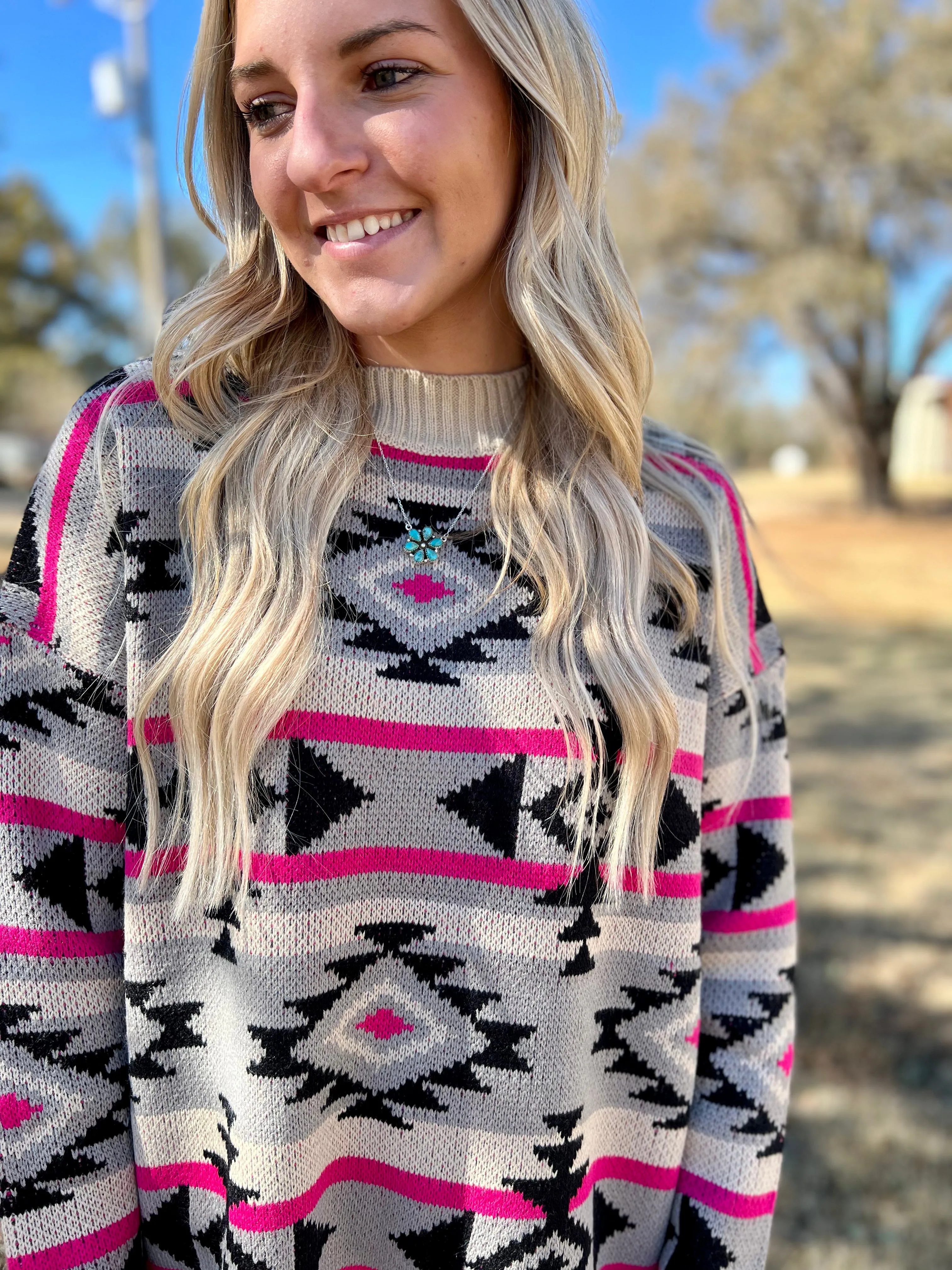 Black And Pink Aztec Knitted Sweater