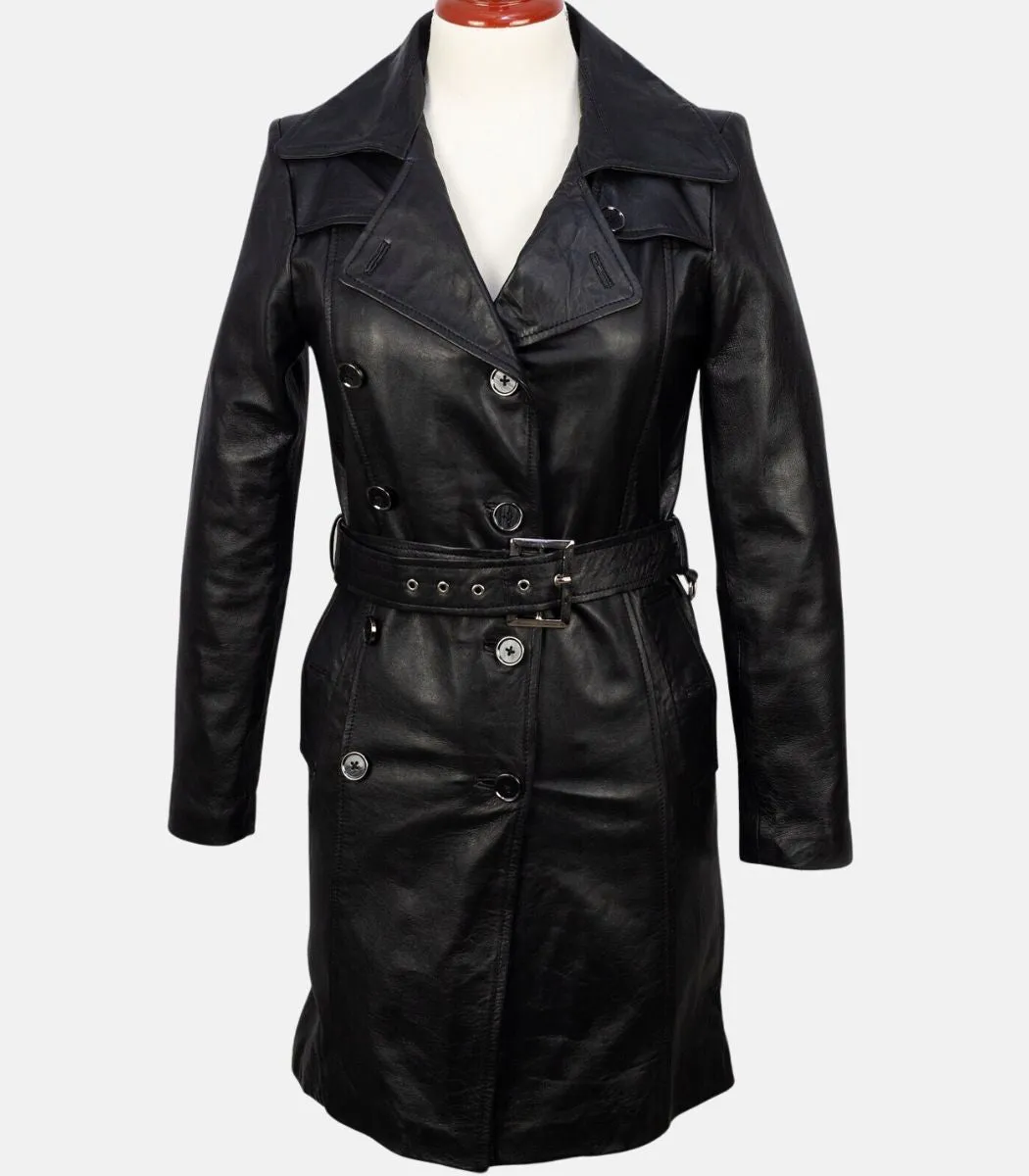 Black Leather Trench Coat For Women