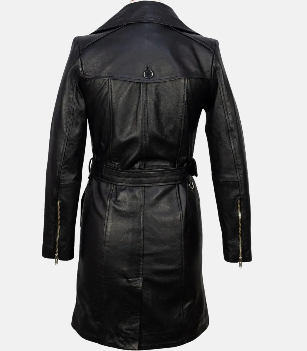 Black Leather Trench Coat For Women