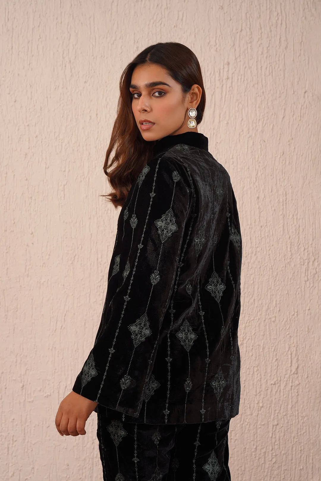 Black Velvet Coat Set with Thread Embroidery