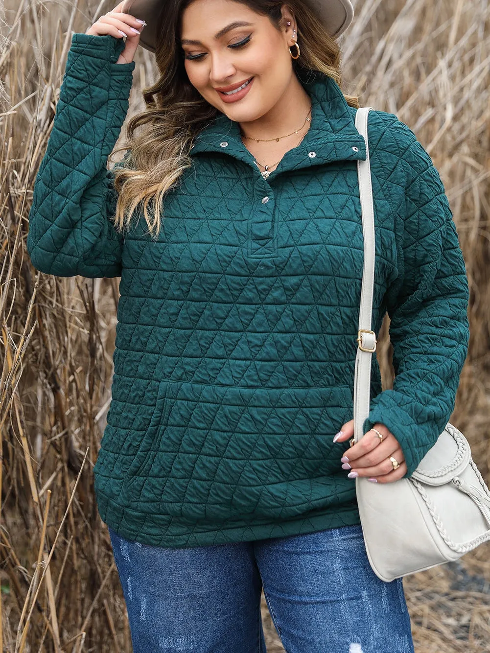 Blackish Green Plus Size Quarter Buttoned Pocketed Quilted Sweatshirt