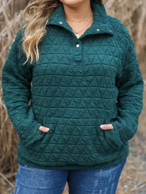 Blackish Green Plus Size Quarter Buttoned Pocketed Quilted Sweatshirt