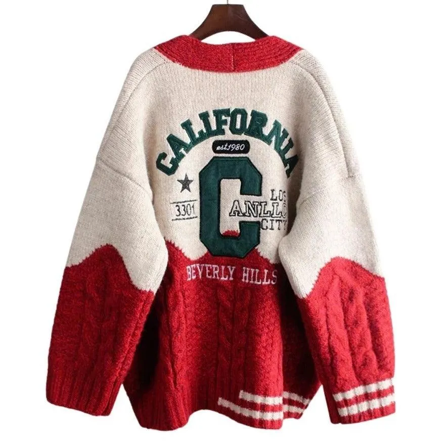 California Cheerleader Cardigan Women's Cardigan Embroidery Patchwork Sweater Jacket Kawaii Cute Girls Cardigan