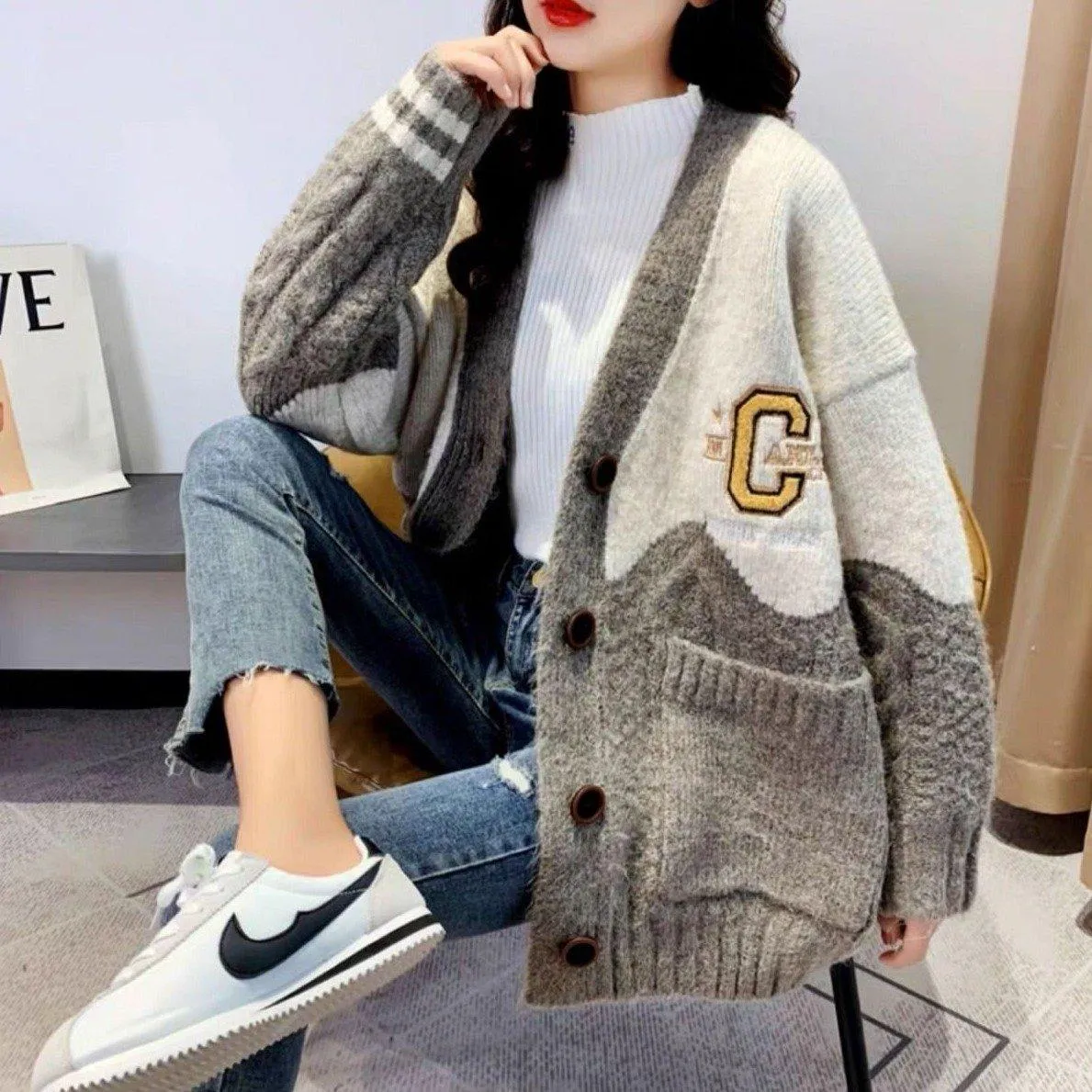 California Cheerleader Cardigan Women's Cardigan Embroidery Patchwork Sweater Jacket Kawaii Cute Girls Cardigan