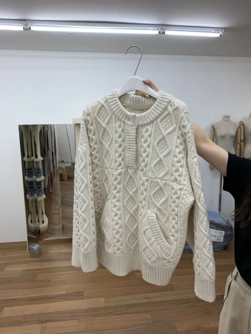 Chunky Cable Knit V Neck Button Up Sweater Jumper