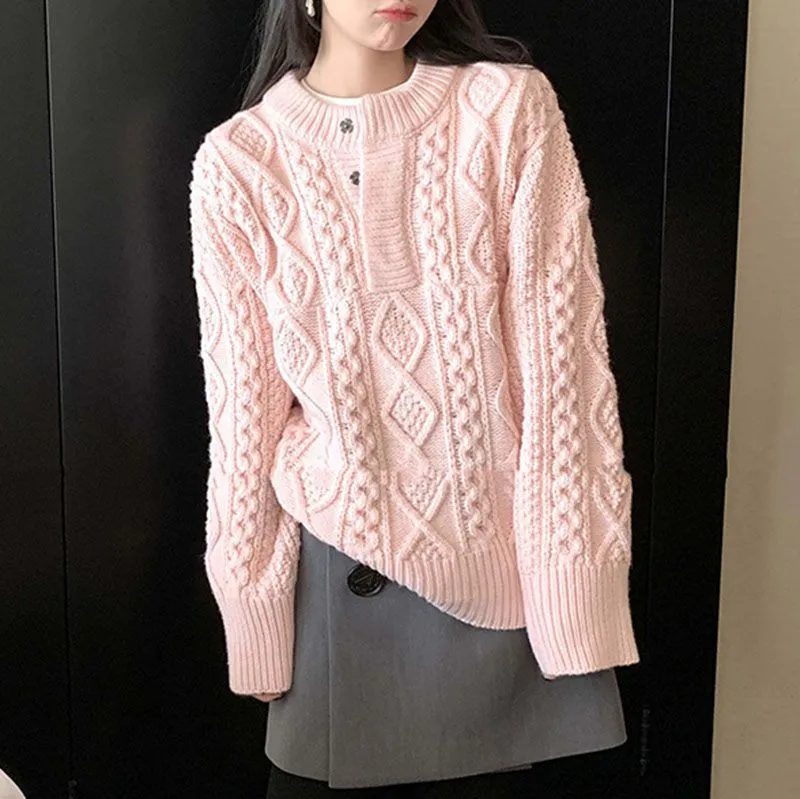 Chunky Cable Knit V Neck Button Up Sweater Jumper