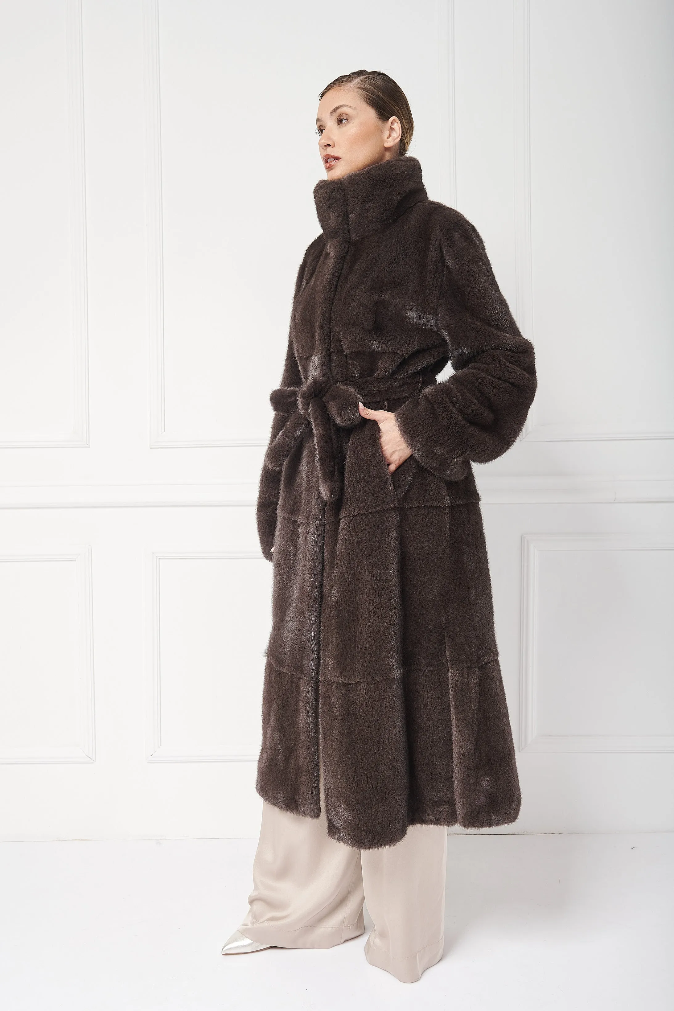 Cozy Long Mink Coat with stand up Collar