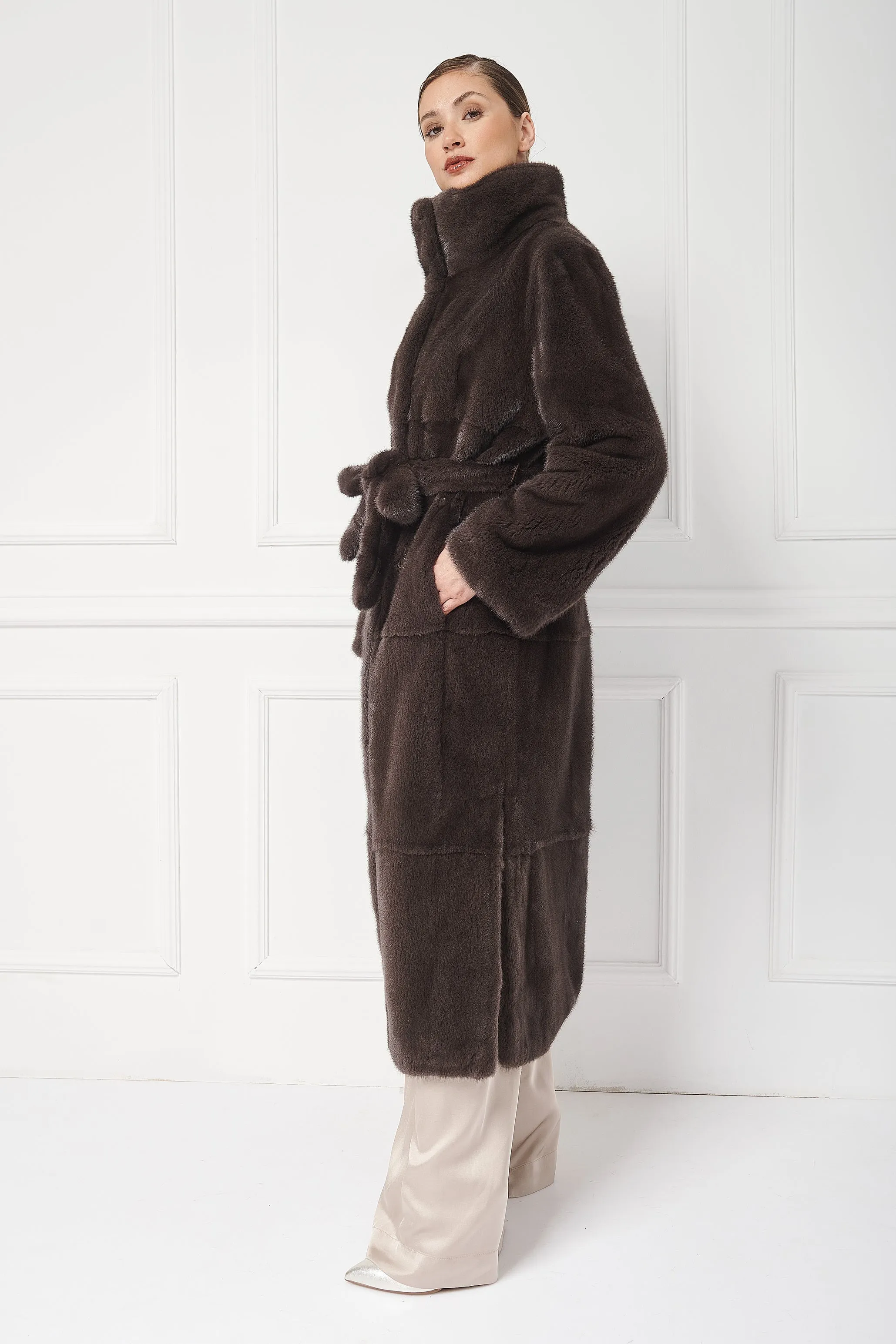 Cozy Long Mink Coat with stand up Collar