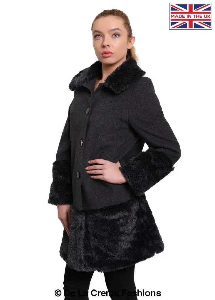 De La Creme - Womens Faux Fur Trim Wool Mix Coat