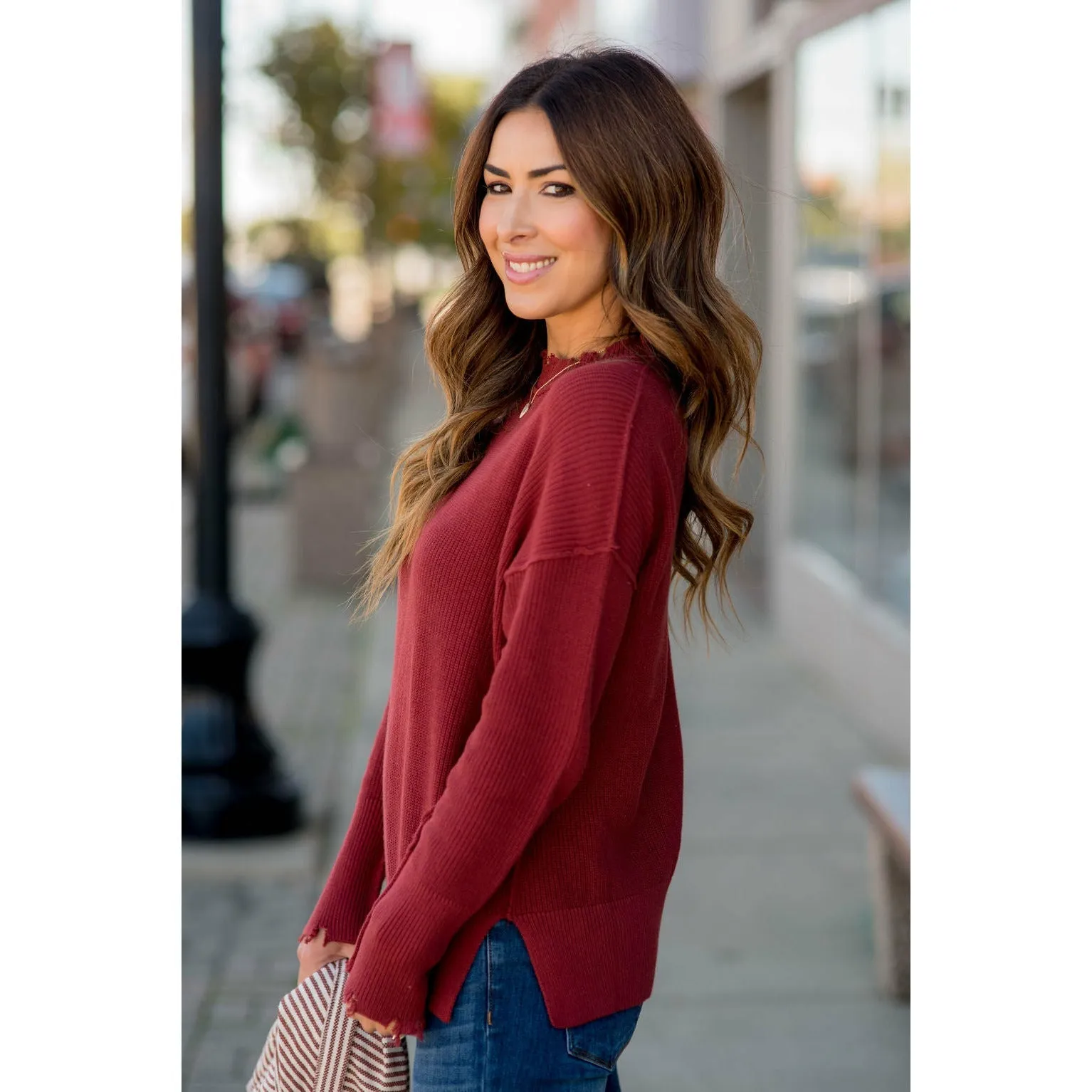 Distressed Side Slit Sweater