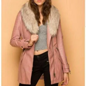 Faux Leather Coat Fur Collar