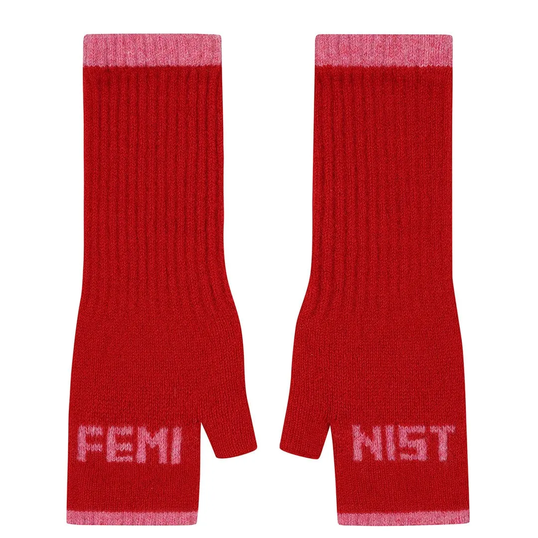 Feminist Fingerless Mittens in Rouge & French Rose