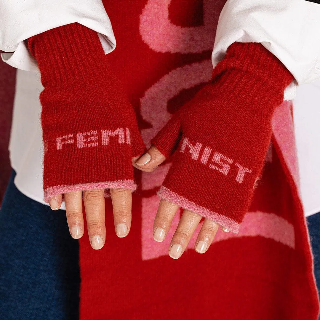 Feminist Fingerless Mittens in Rouge & French Rose