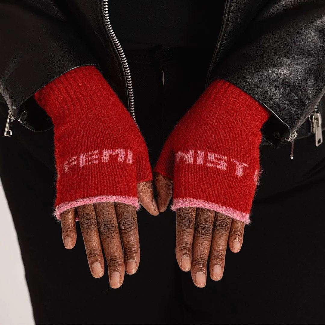 Feminist Fingerless Mittens in Rouge & French Rose