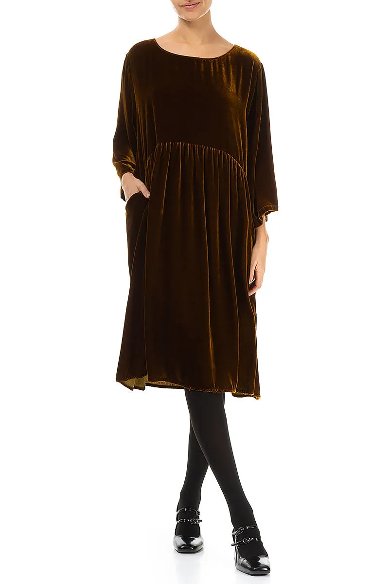 Flared Golden Olive Silk Velvet Dress