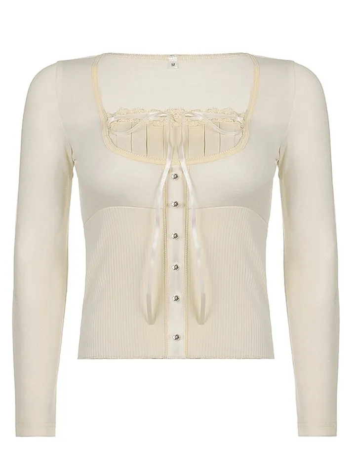 Fleece Bow-Neck Ribbed Lace Blouse