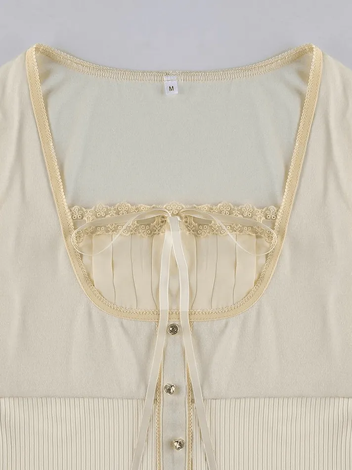 Fleece Bow-Neck Ribbed Lace Blouse