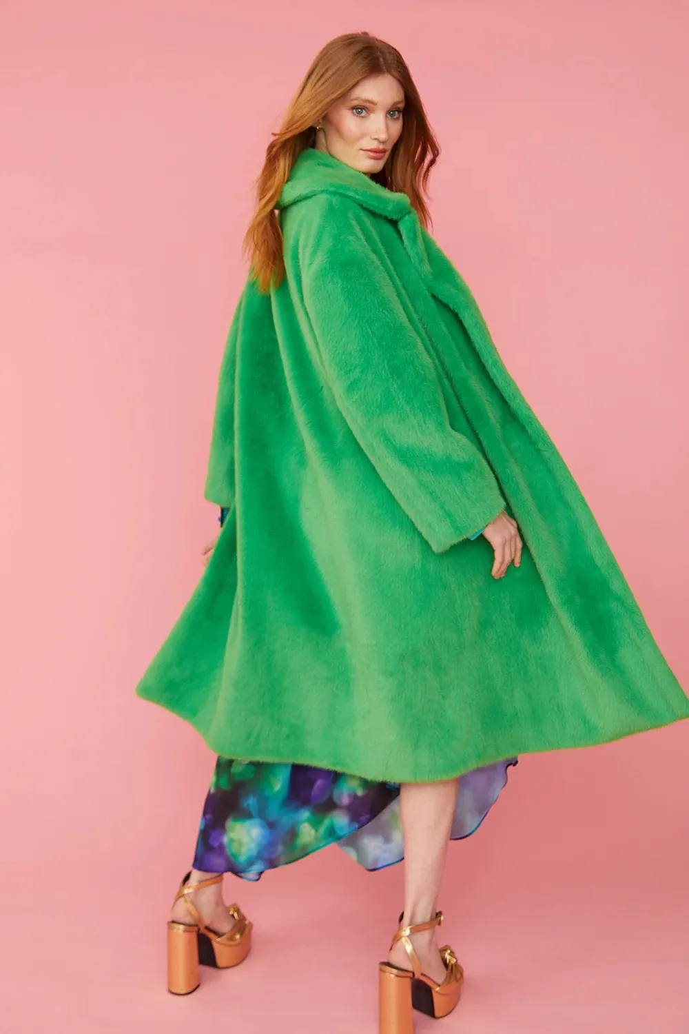 Green Faux Fur Midi Coat