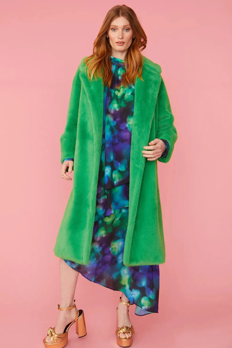 Green Faux Fur Midi Coat