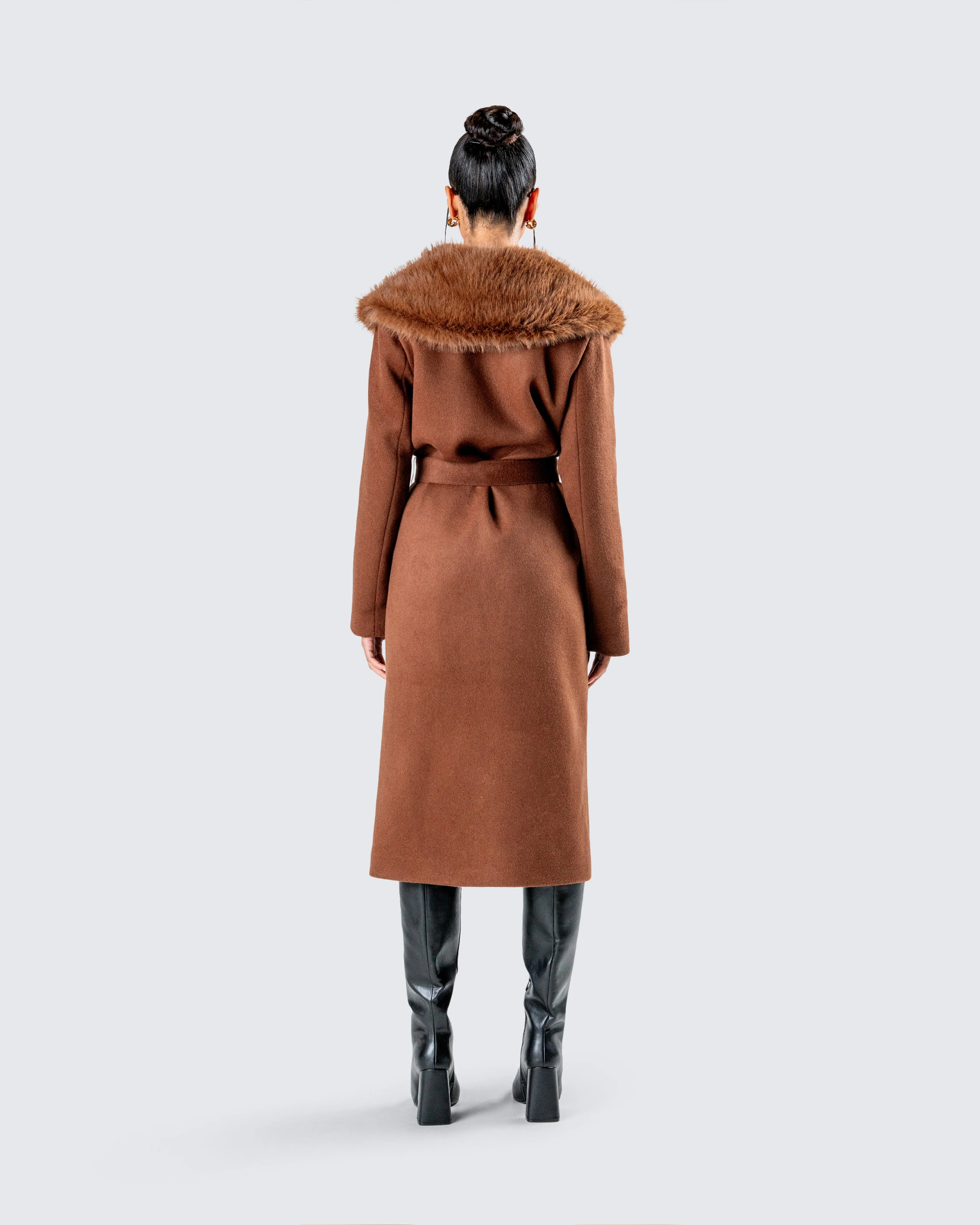 Hala Brown Faux Fur Trim Coat