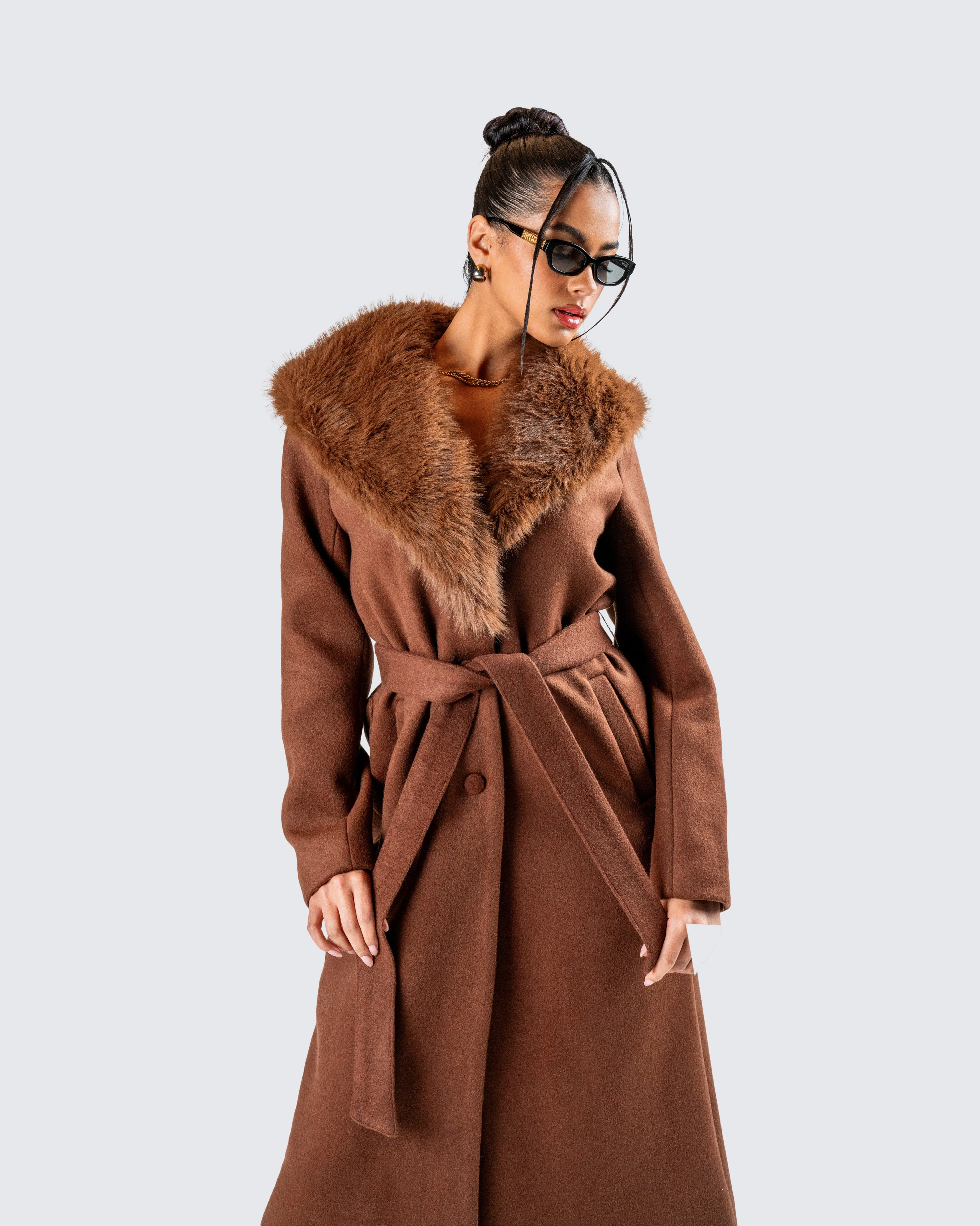 Hala Brown Faux Fur Trim Coat