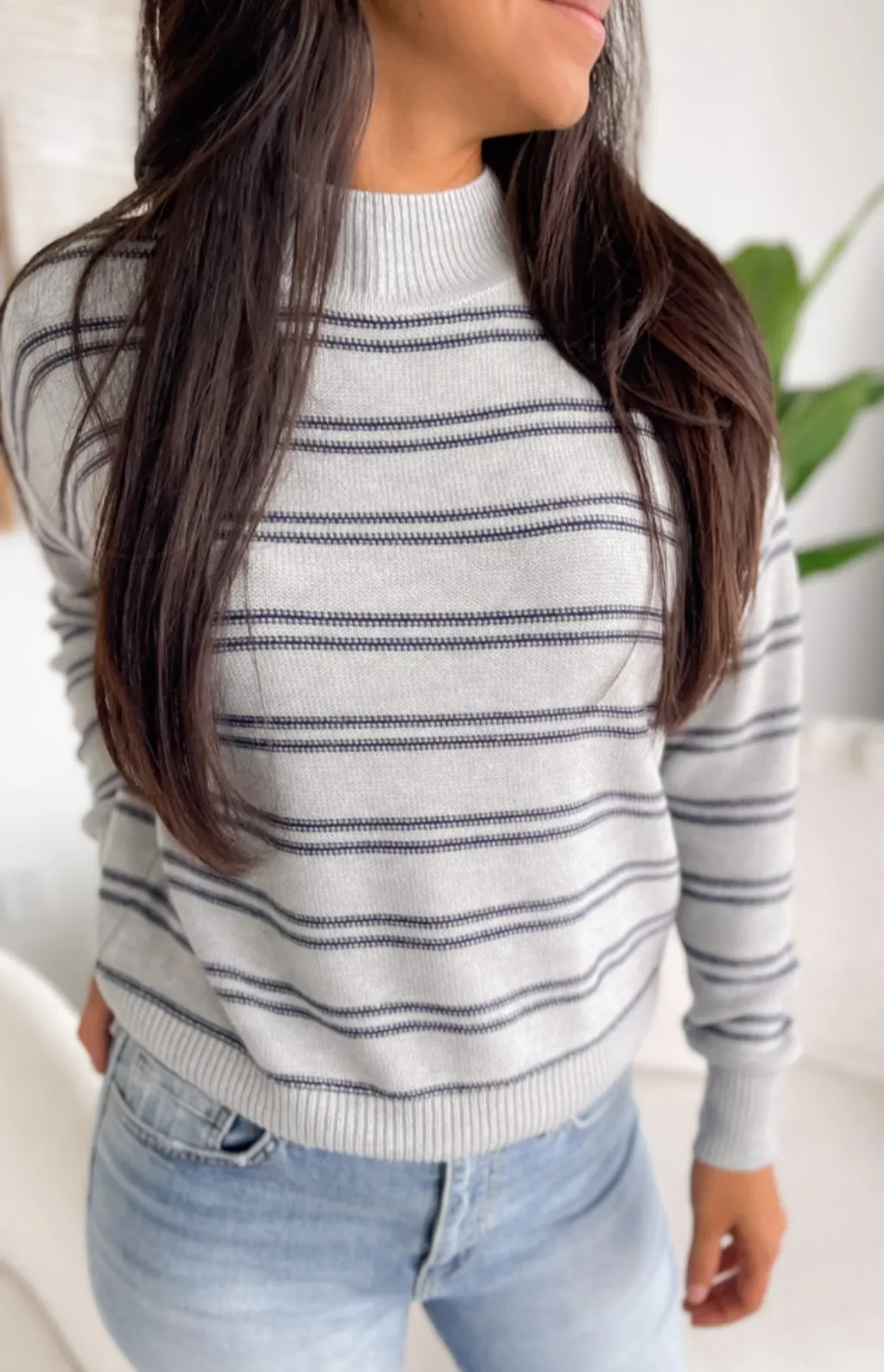 Hallie Grey Knit Striped Mock Neck Sweater