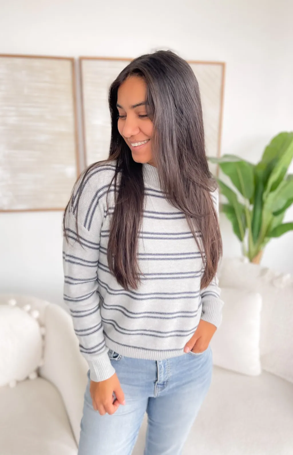 Hallie Grey Knit Striped Mock Neck Sweater