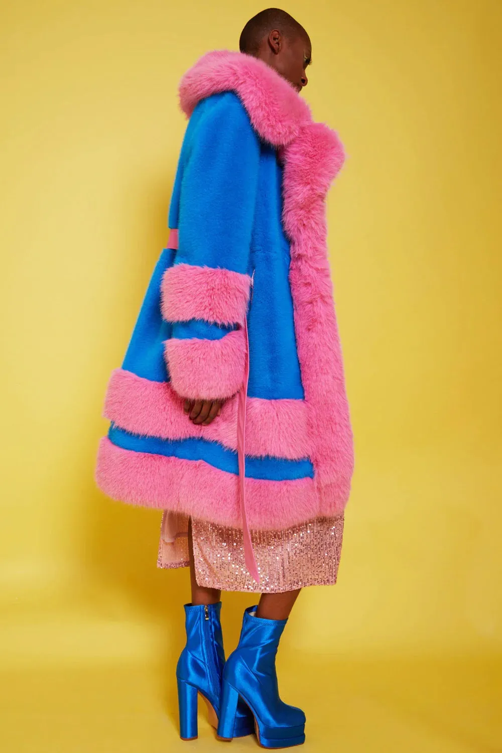 Handmade Bamboo Pink - Blue Faux Fur Coat