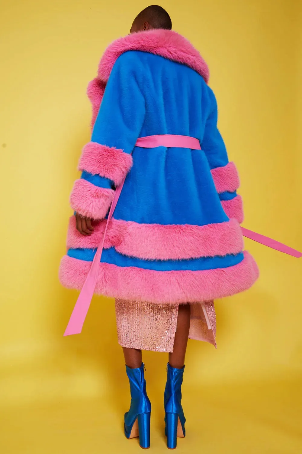 Handmade Bamboo Pink - Blue Faux Fur Coat