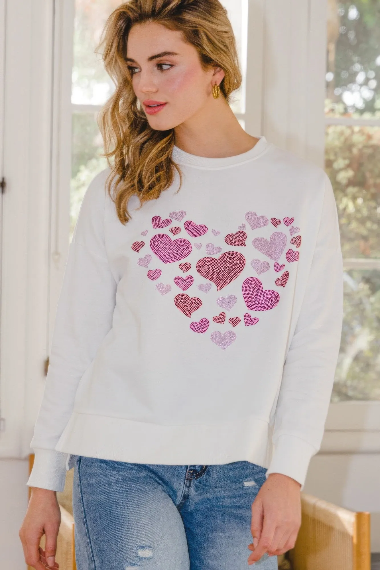 Hearts Hotfix Rhinestone Oversized Pullover