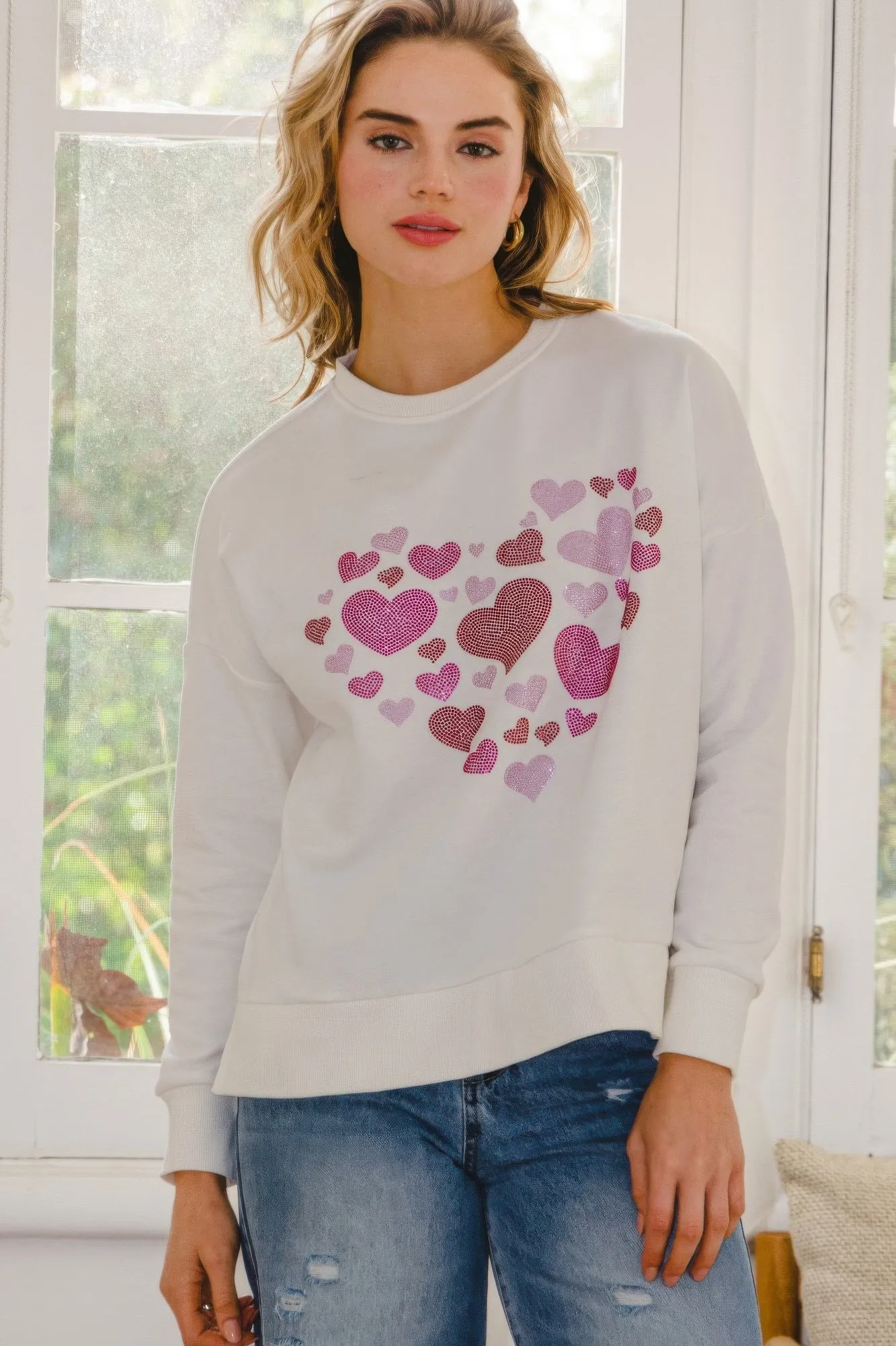 Hearts Hotfix Rhinestone Oversized Pullover