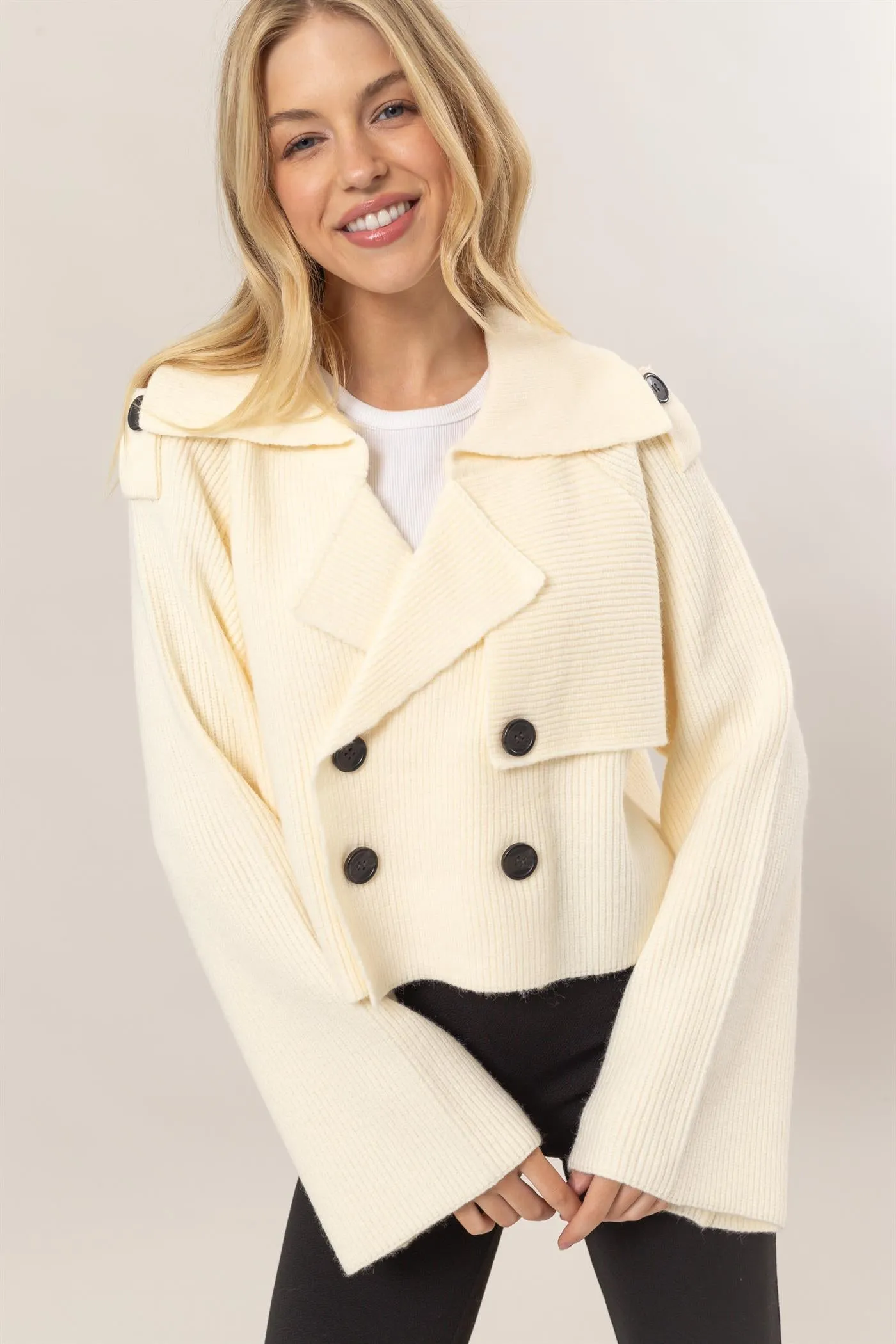 HF25A023-Double Breast Sweater Trench Jacket