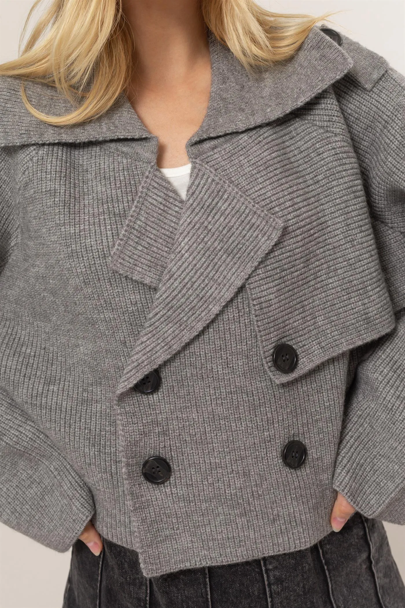 HF25A023-Double Breast Sweater Trench Jacket