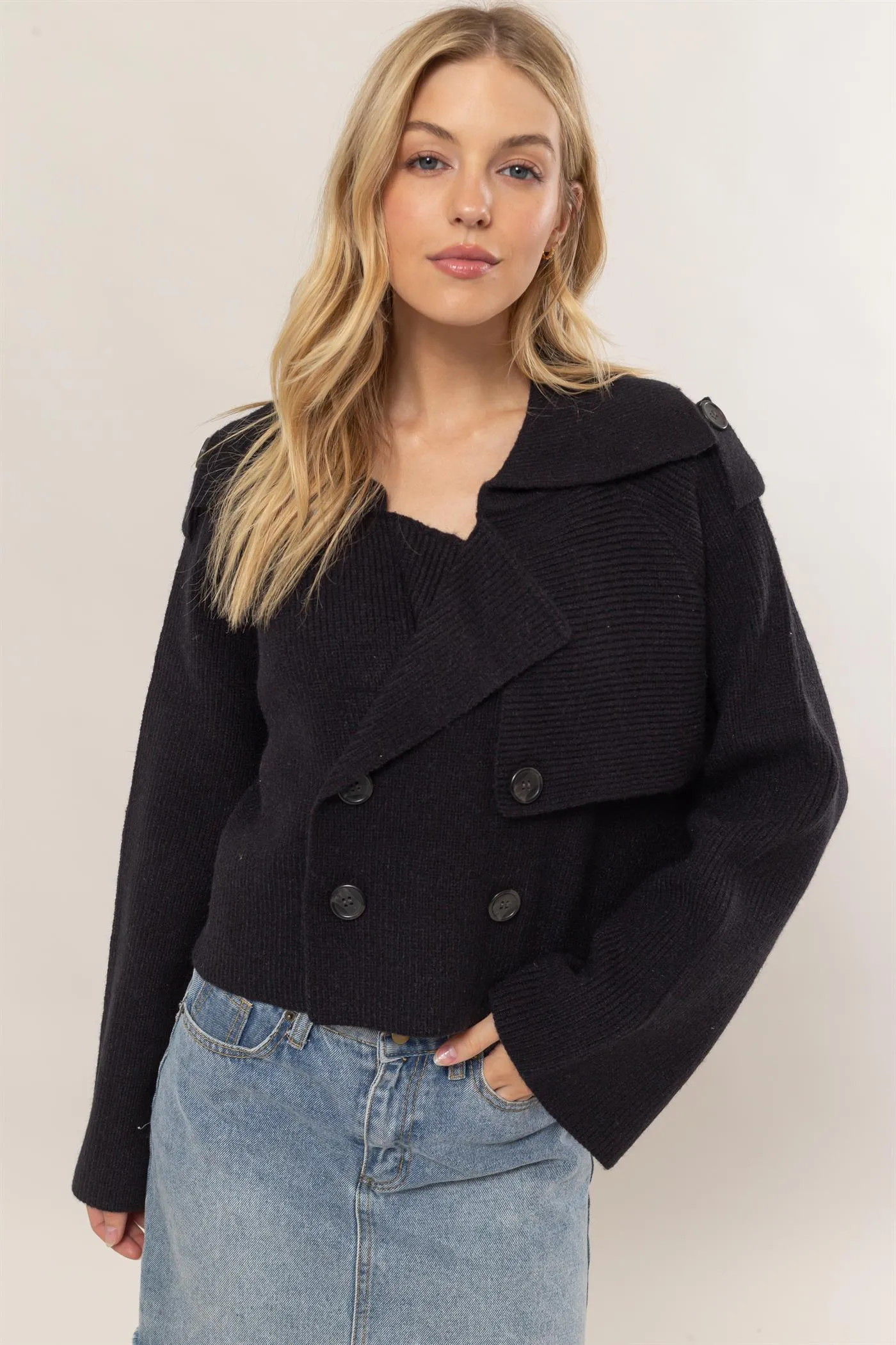 HF25A023-Double Breast Sweater Trench Jacket