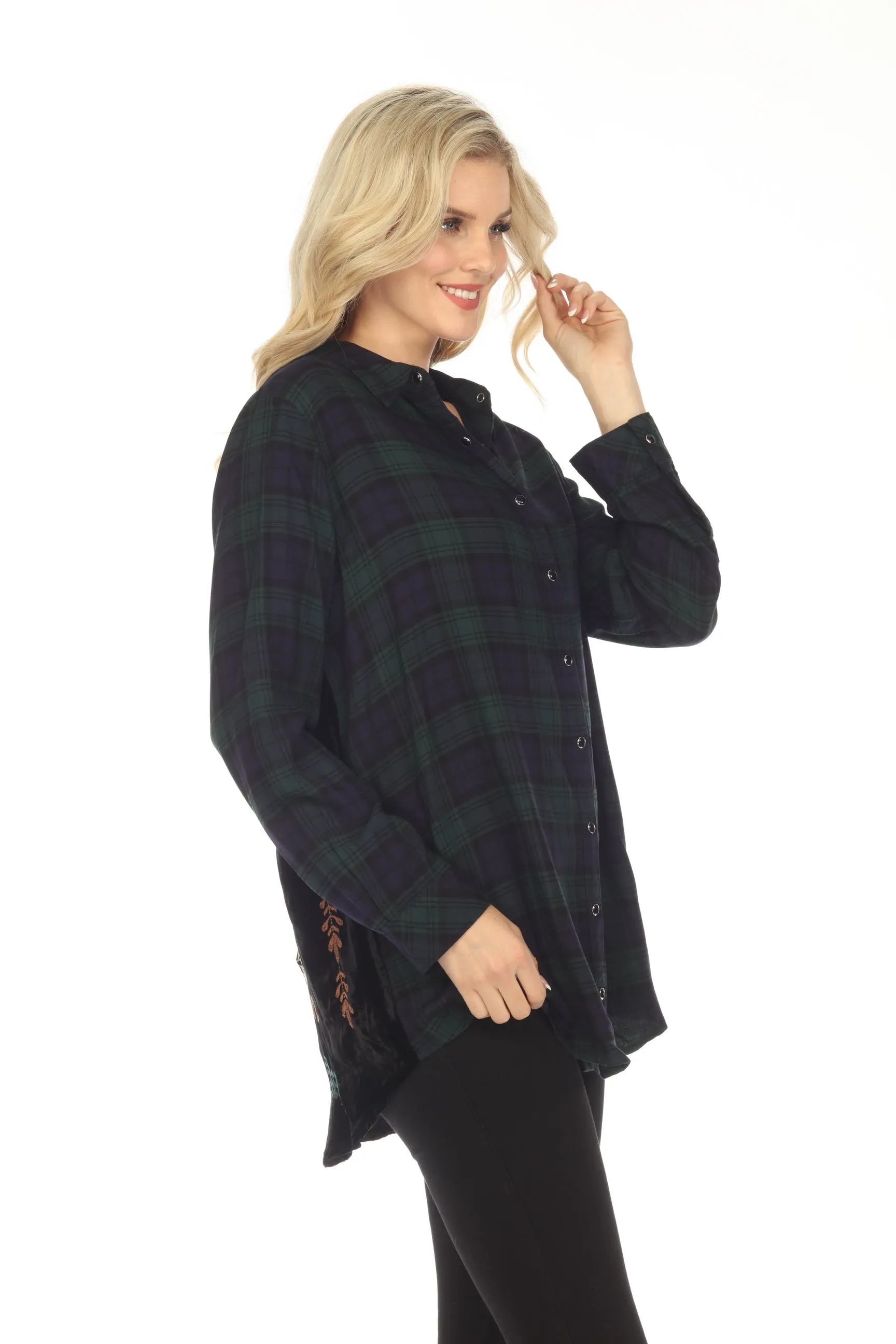 Johnny Was Workshop Plaid Zuzu Velvet Back Oversized Shirt Boho Chic W28123