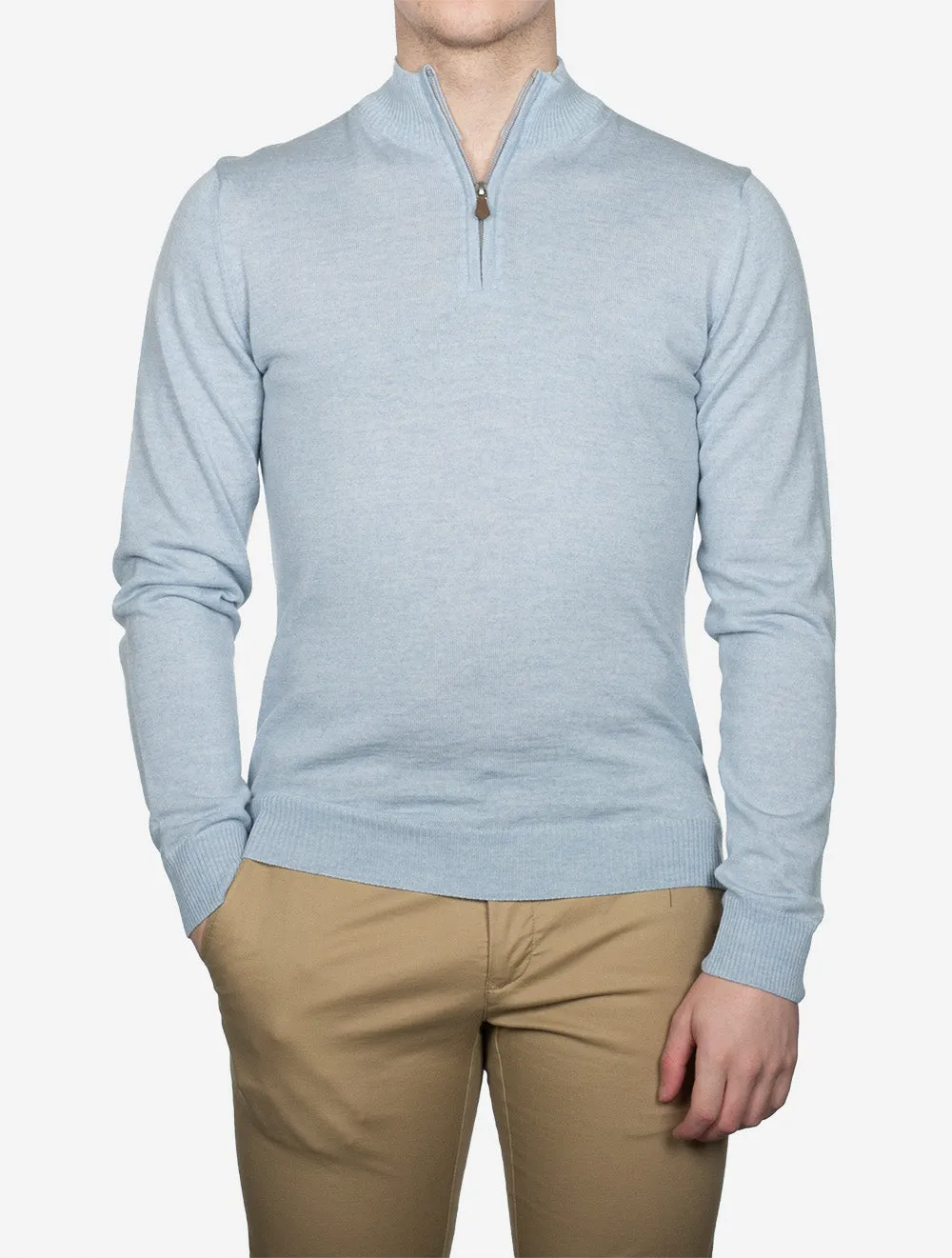 Knitted Half Zip Merino Wool Light Blue