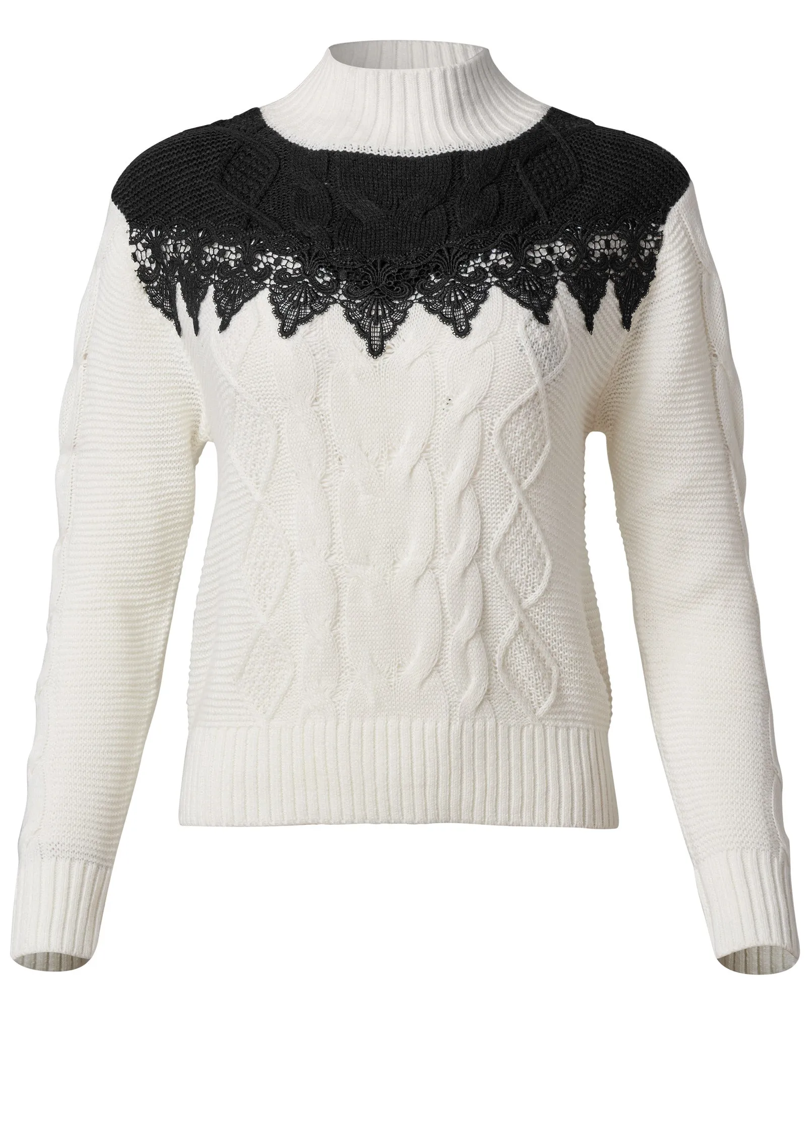 Lace Detail Mock Neck Sweater - Off White & Black