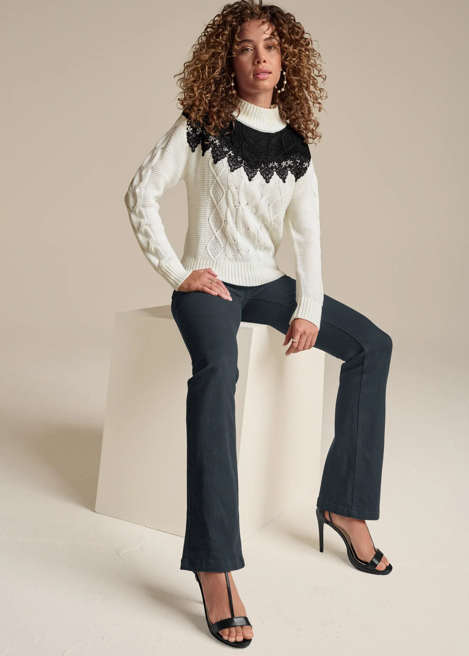 Lace Detail Mock Neck Sweater - Off White & Black