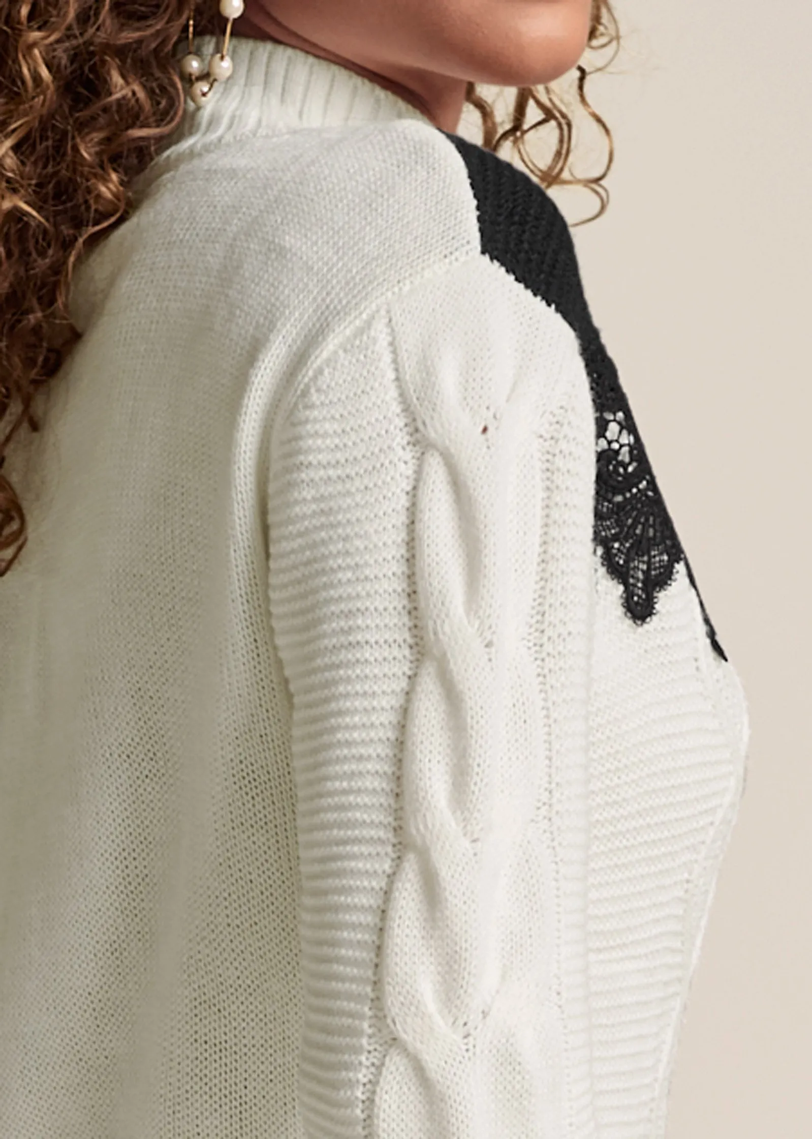 Lace Detail Mock Neck Sweater - Off White & Black