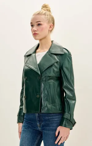 Lambskin Leather Double Breasted Short Trench Jacket - Green