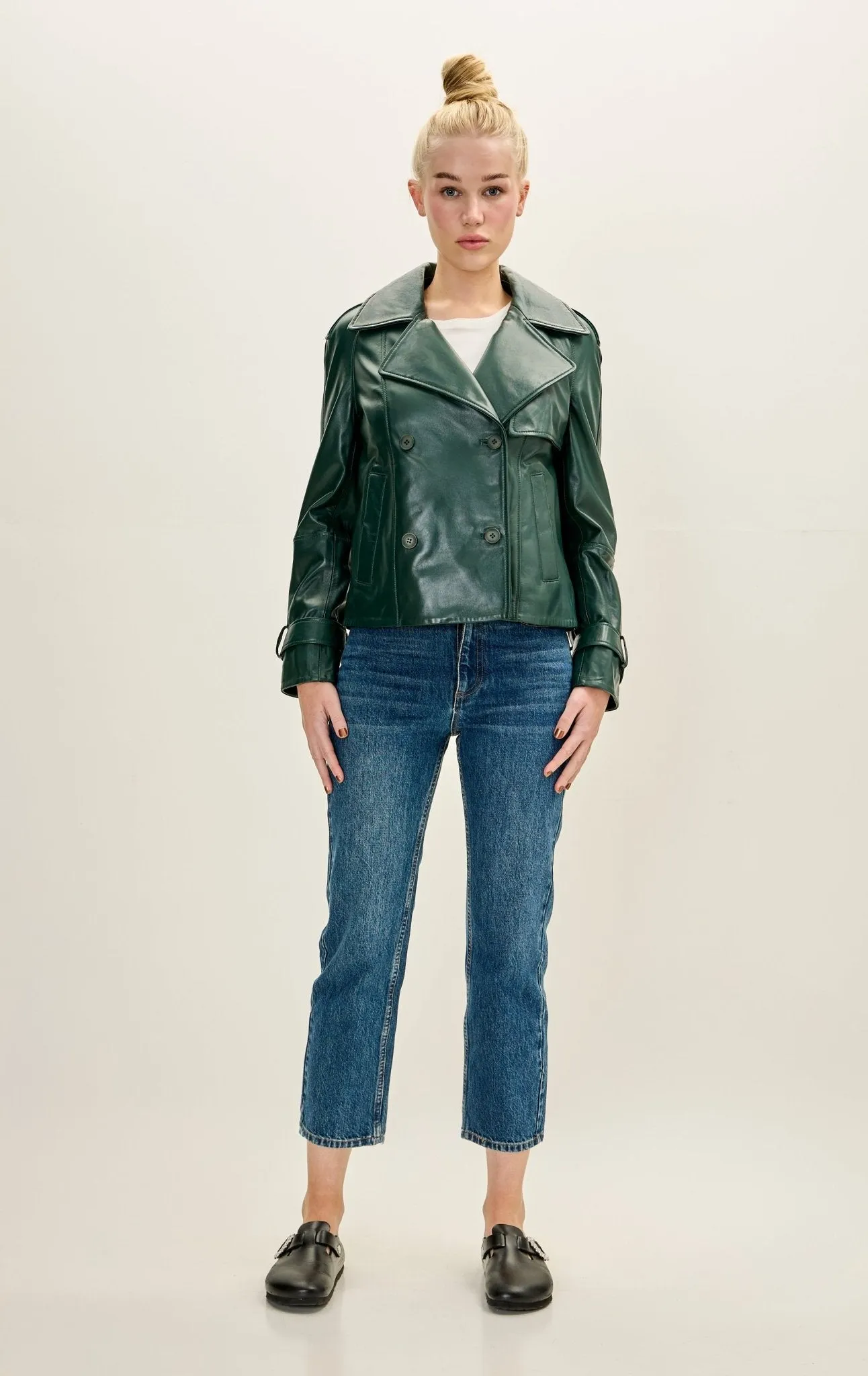 Lambskin Leather Double Breasted Short Trench Jacket - Green